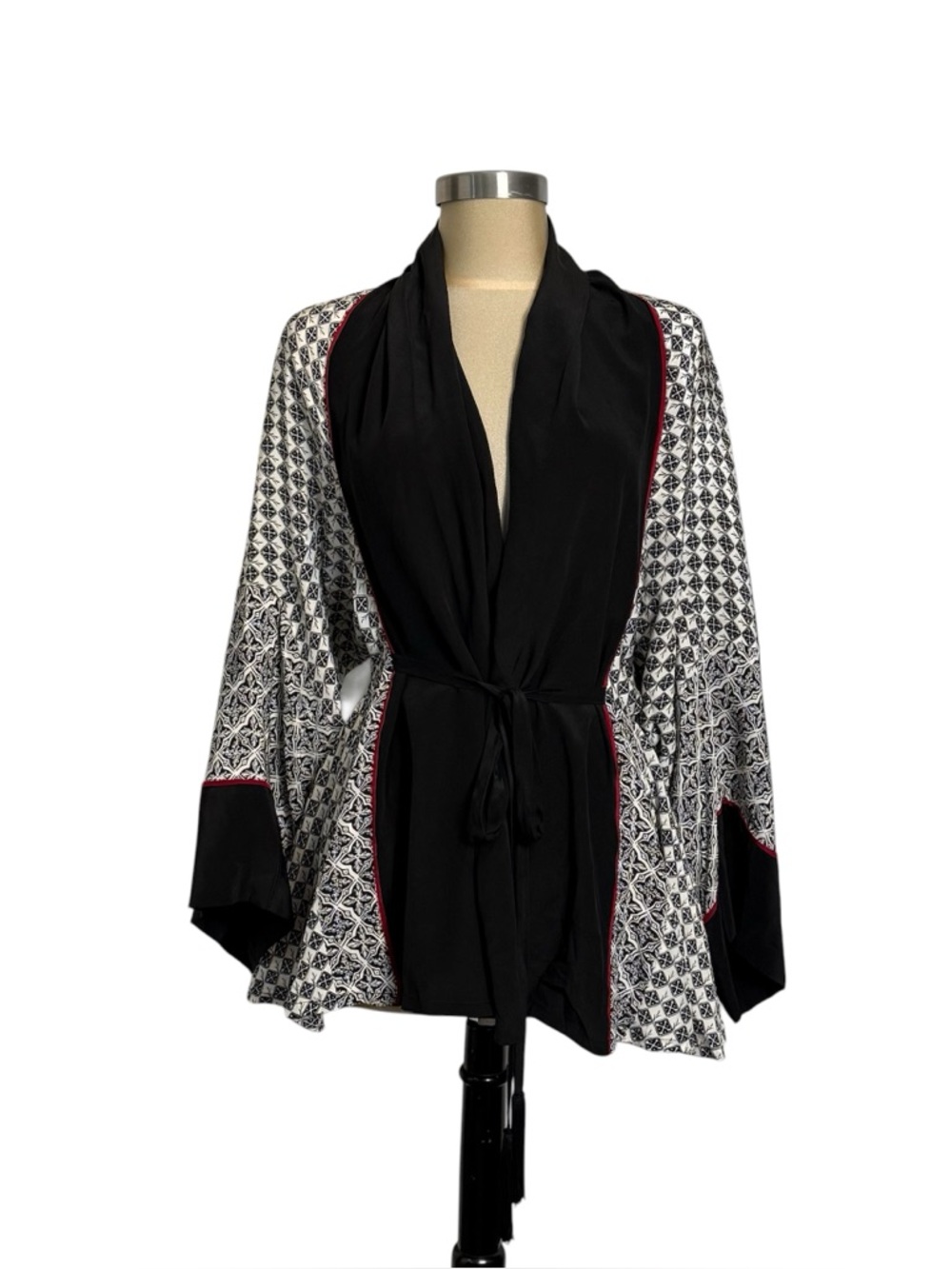 Talitha Silk Kimono Jacket Black White Red Piping Tassel Belt Boho S